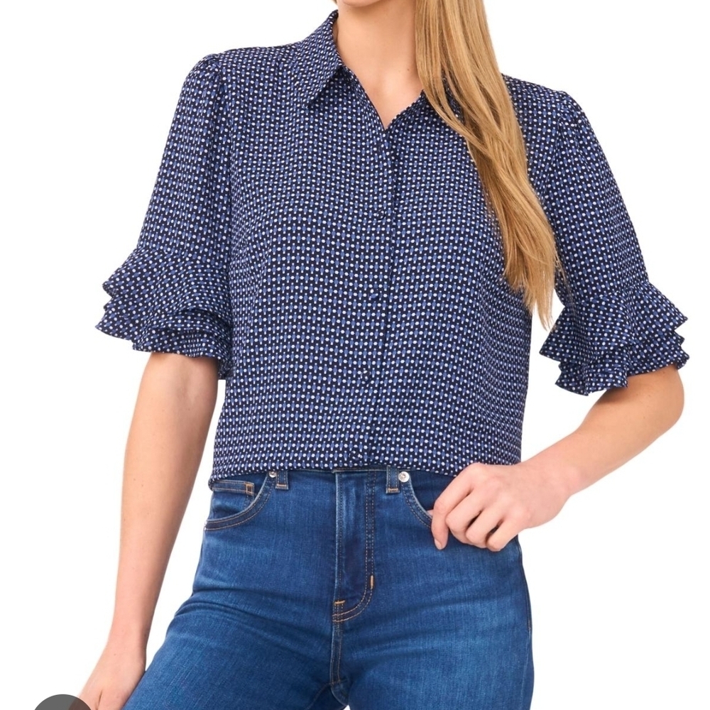 CeCe Navy Patterned Ruffle Sleeve Blouse